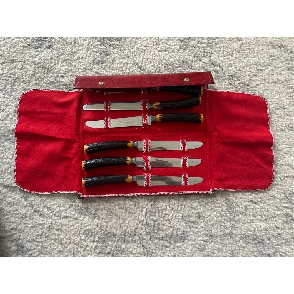 The BURNS Mfg. Co. 6 Steak Knife‎ Set in Leatherette Case & Faux Stag Handles